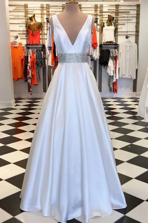 A-line V-neck Floor-length White Satin Prom Dress With Beading