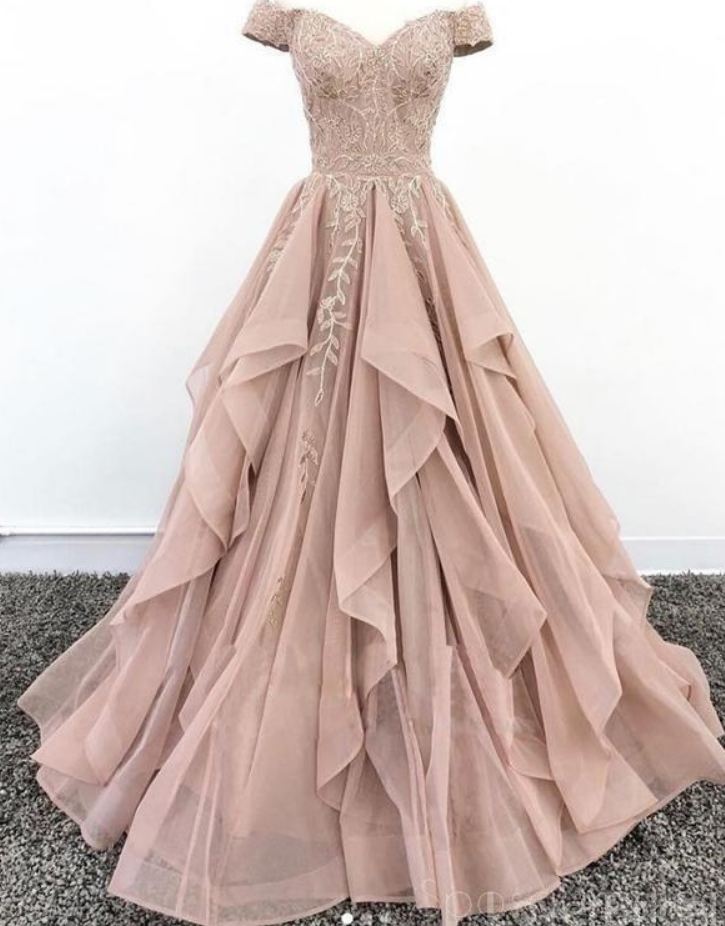 Off Shoulder Dusty Champagne Lace Long Evening Prom Dresses, Evening Party Prom Dresses
