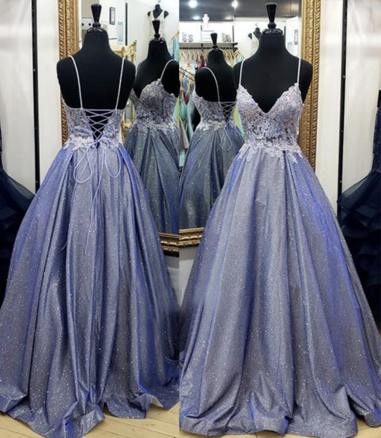 Spaghetti Long A-line Shiny Satin Prom Dresses, Lace Prom Dresses, Popular 2020 Prom Dresses