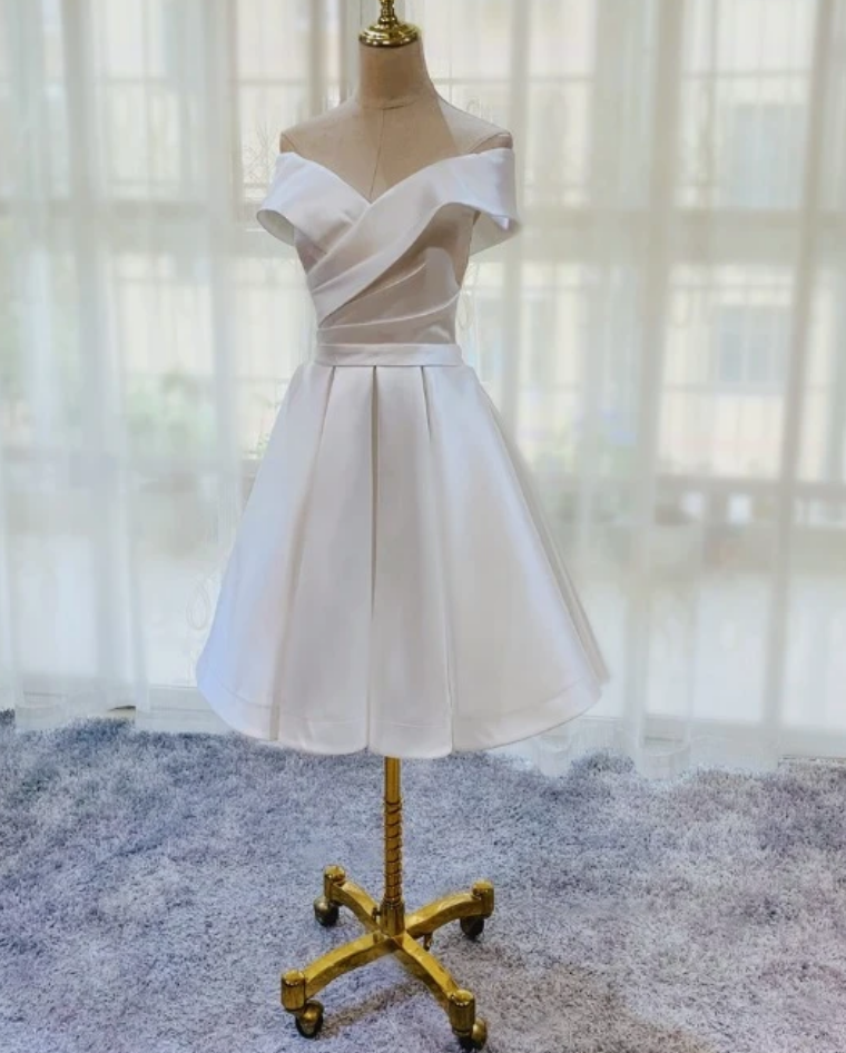 Spark Queen White Simple Satin Off Shoulder Knee Length Party Dress Graduation Dress Prom Dress