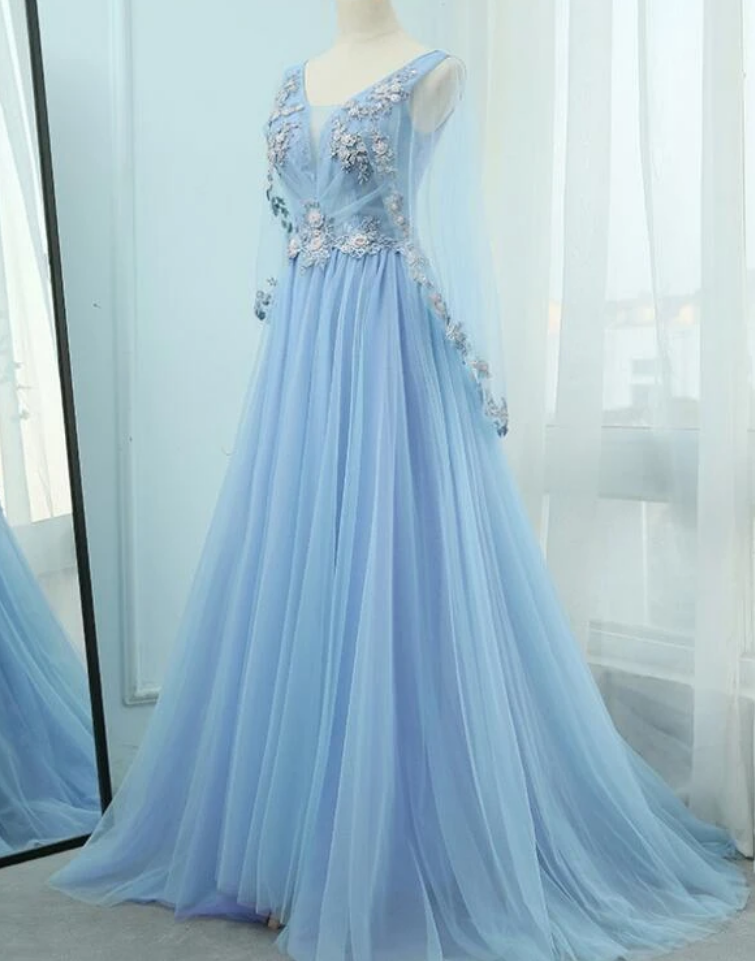 Beautiful Tulle Light Blue Floor Length Prom Dress, Party Dress
