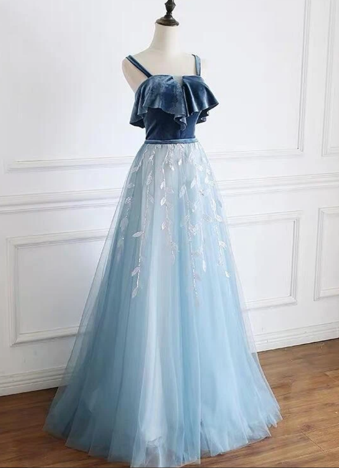 Blue Straps Beautiful Tulle And Velvet Long Party Dress, A-line Blue Evening Dress
