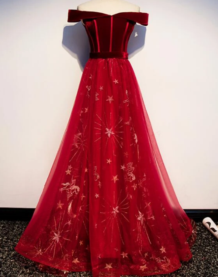 Tulle Off Shoulder Long Party Gown, Red Prom Dress 2020