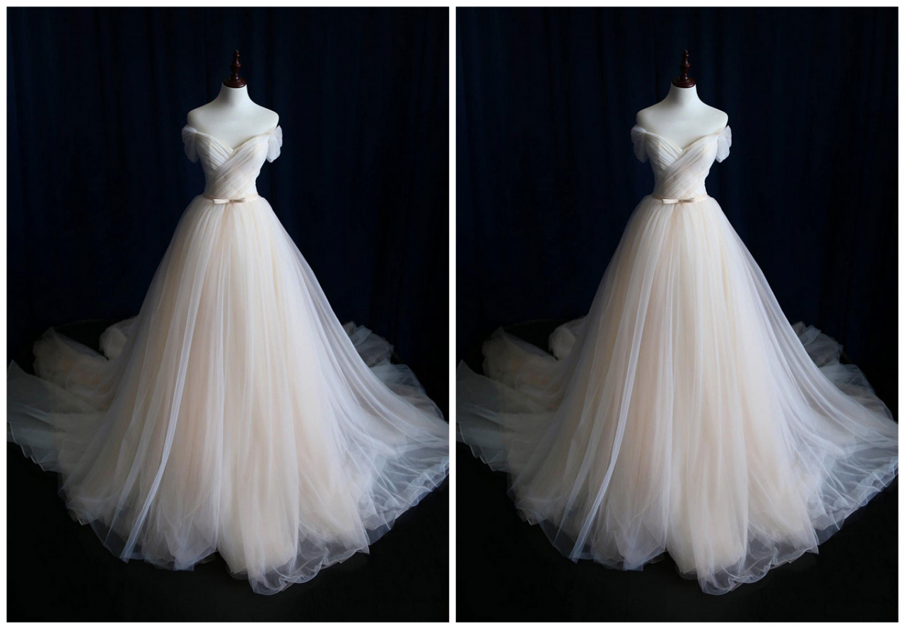 Light champagne tulle long prom dress full of charm formal dress