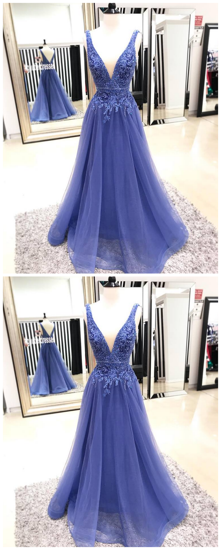 Sexy V Neck Tulle Prom Dress, A Line Appliques Prom Dresses , Long Evening Dress