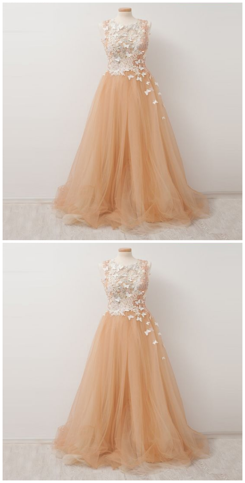 Vogue A-line Champagne Scoop Neckline Appliqued Tulle Long Prom Dresses Online