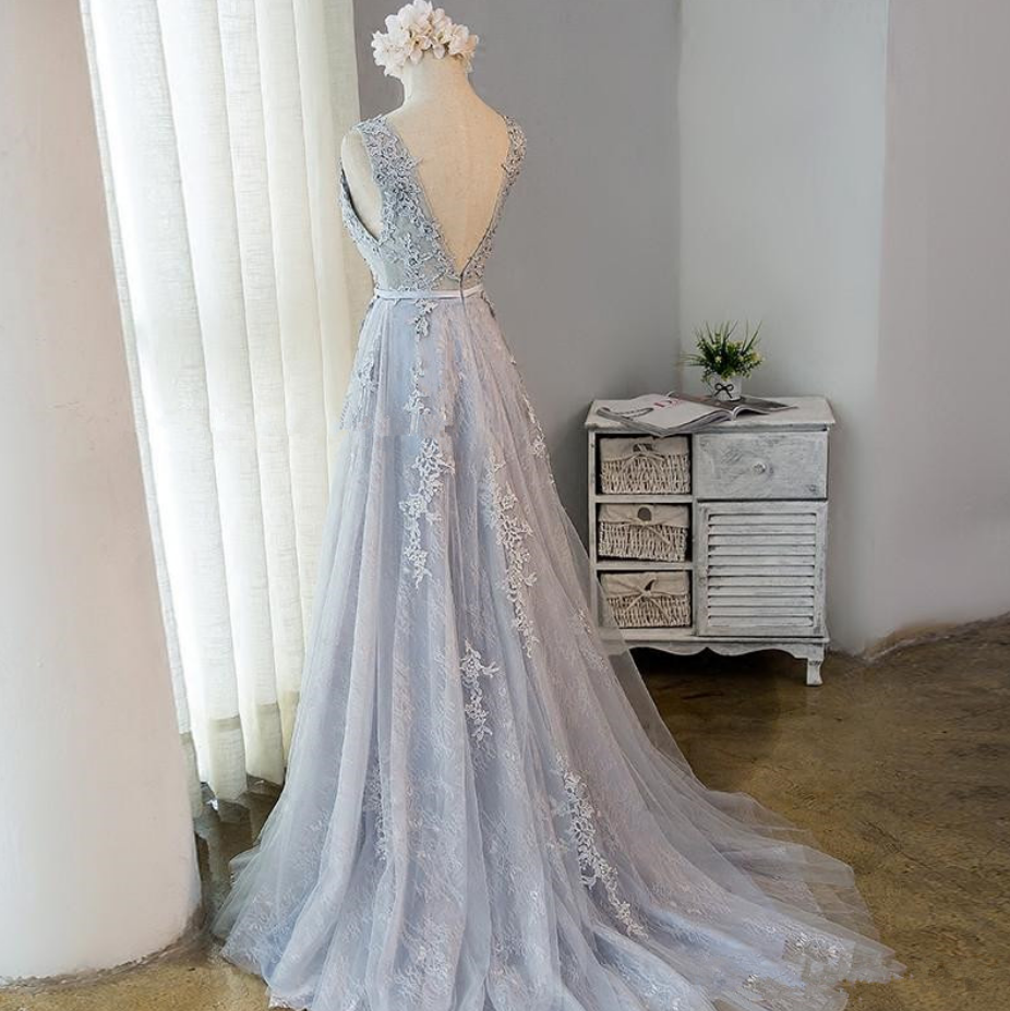 Grey A-line Tulle Long Prom Dress, Party Dress , Grey Bridesmaid Dress