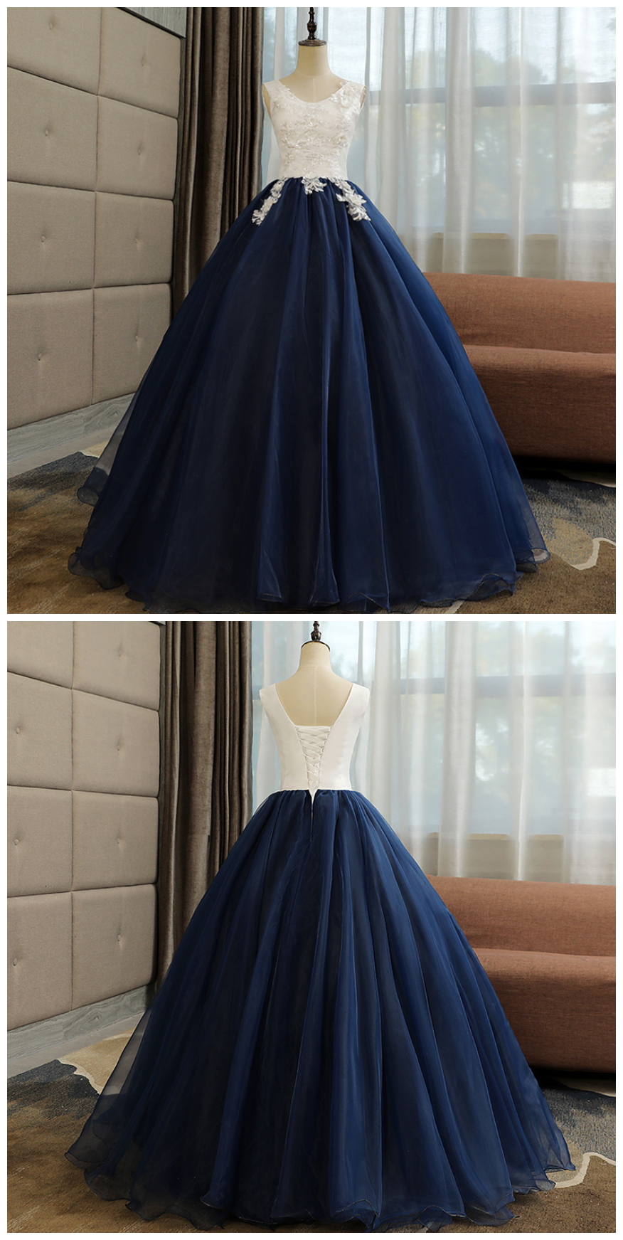Beautiful Navy Ball Gown Sweet 16 Dress With White Top, Long Formal Dress