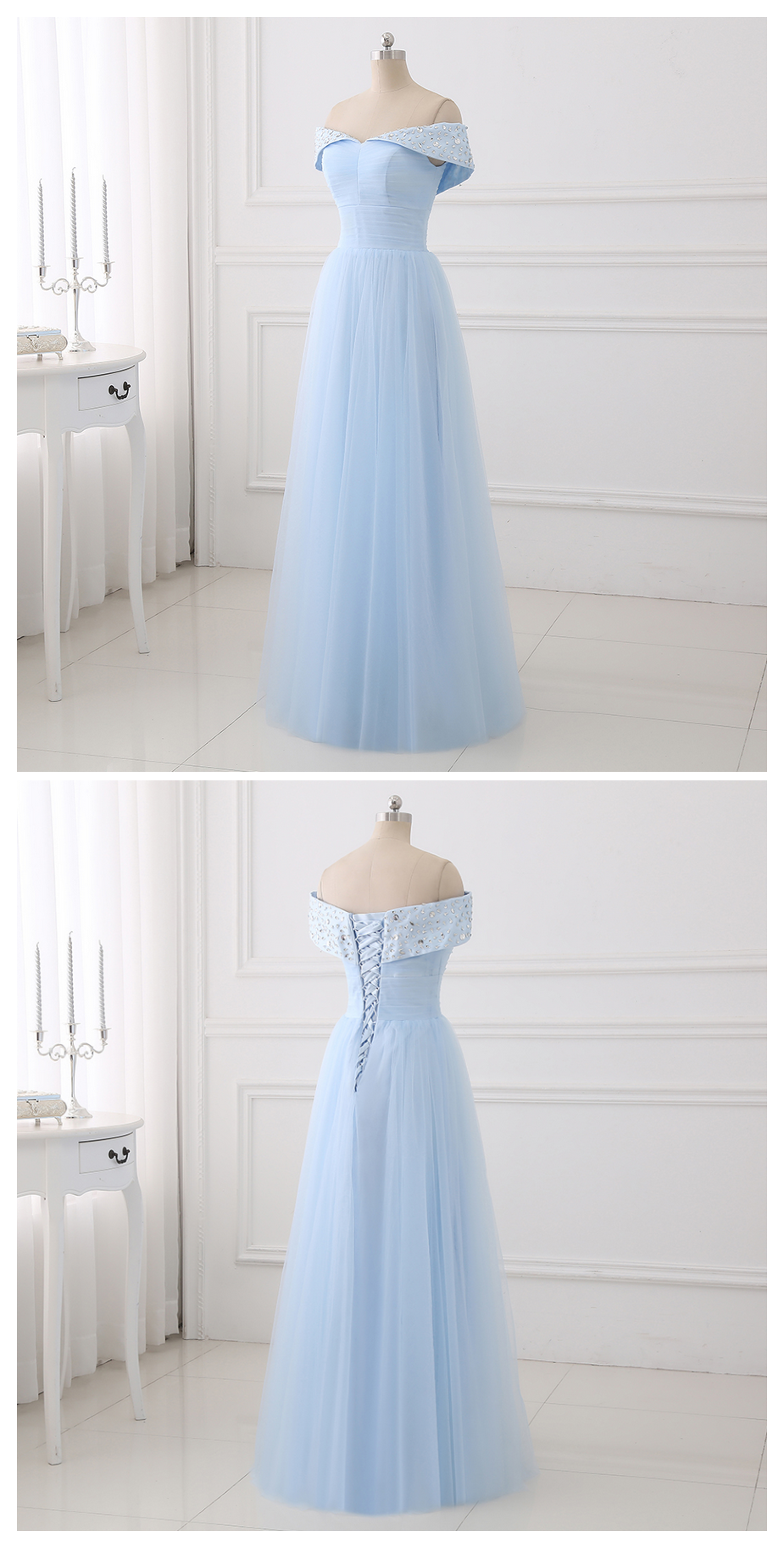 Tulle Beaded Off Shoulder Party Dress, A-line Bridesmaid Dress