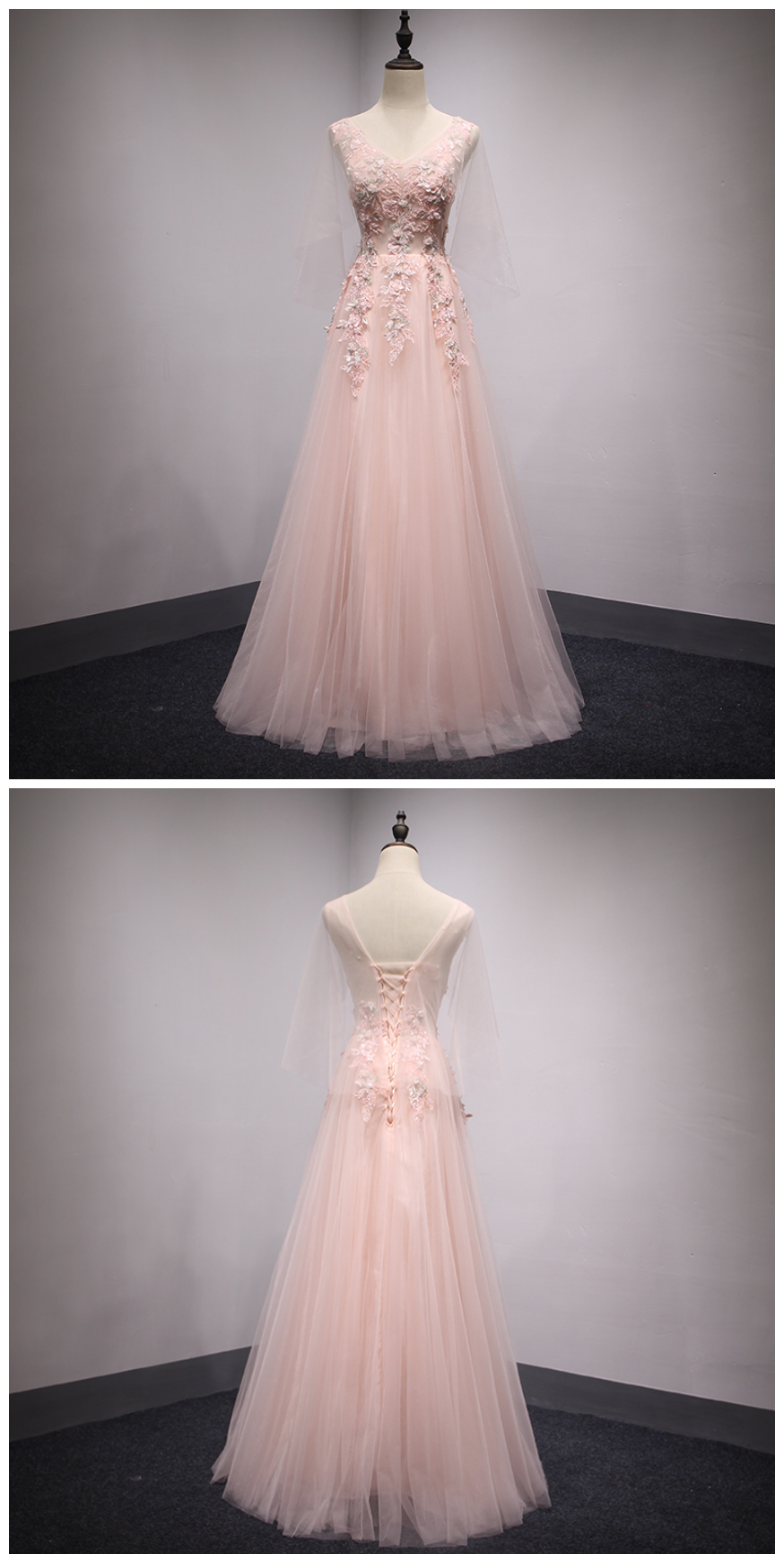 Tulle Floral Gown, V-neckline Prom Dress 2020