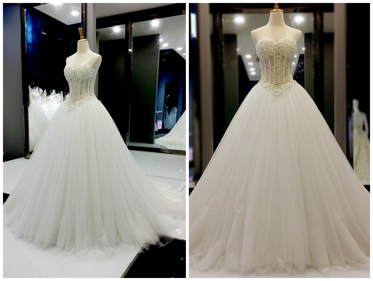 Strapless Sweetheart Pearl Beaded Organza Ball Gown Wedding Dress With Corset Bodice And Long Train