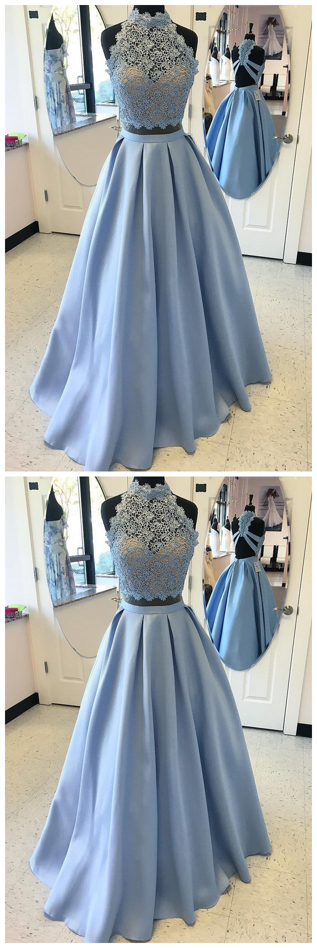 2 Piece Prom Dresses,high Neck Prom Gown, Prom Dress With Lace Top