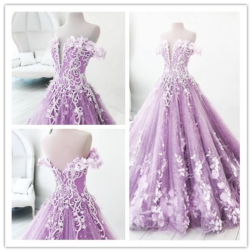 Ball Gown Prom Dresses,off-the-shoulder Prom Dress,lilac Prom Dresses,appliques Prom Dress,floor Length Ball Gown Evening Dress