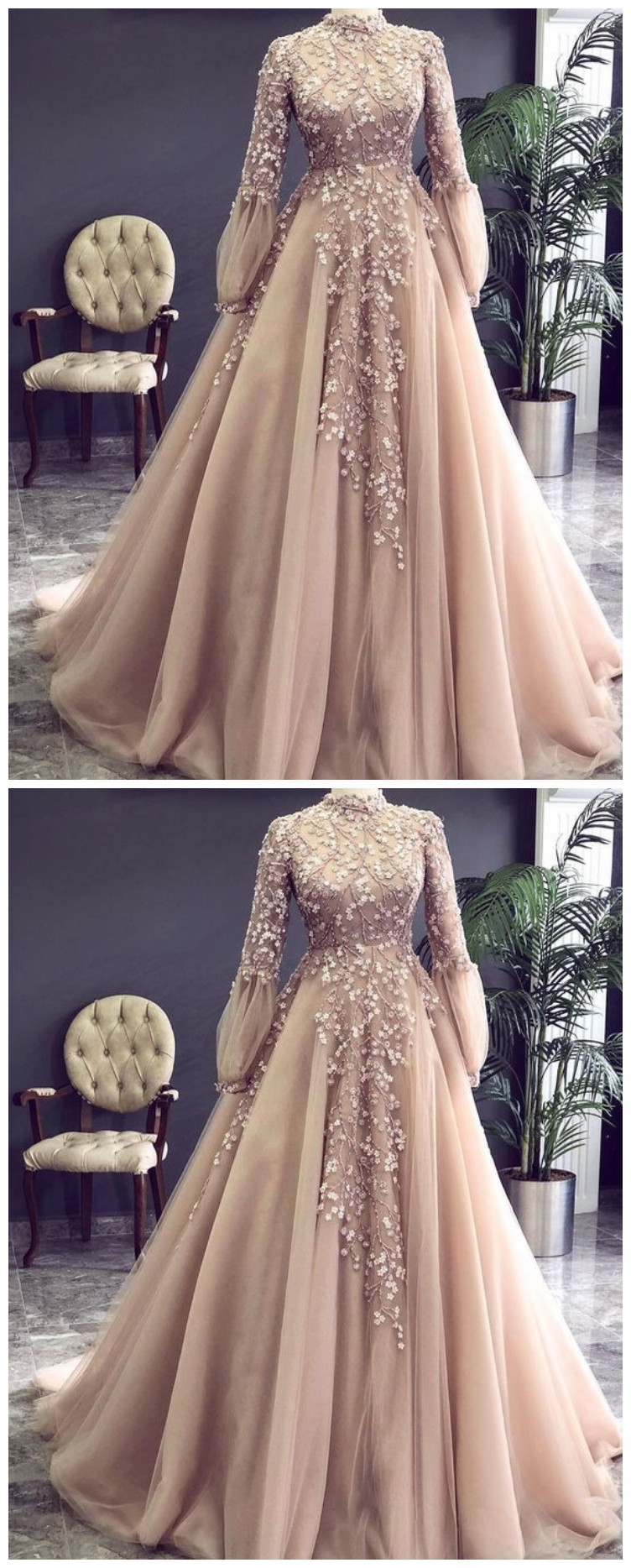 Champagne Prom Dress, Long Sleeve Prom Dress, A Line Prom Dress, Arabic Prom Dresses, Lace Evening Dresses