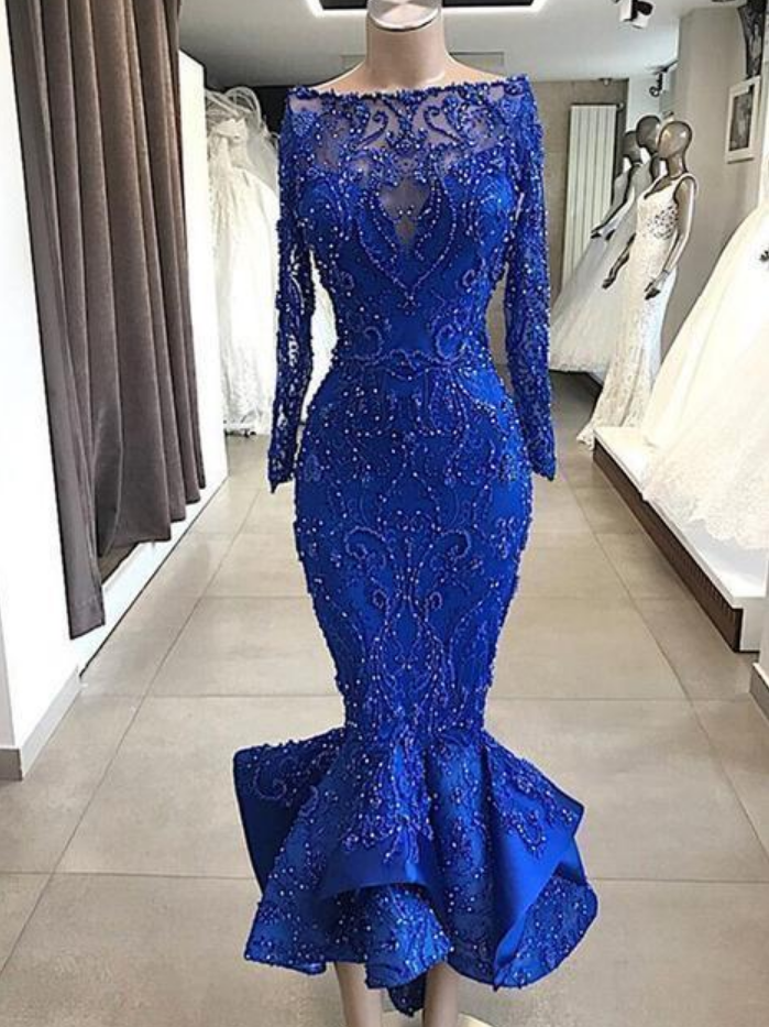 Sexy Beading Mermaid Long Evening Dress Illusion Appliques Long Sleeves Tulle Formal Party Dress