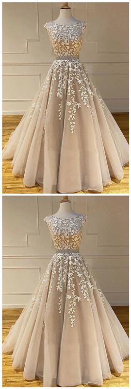 Champagne Lace Applique Prom Dresses Long Cap Sleeve Beaded Elegant Real Photo 2020 Prom Gown Robe De Soiree