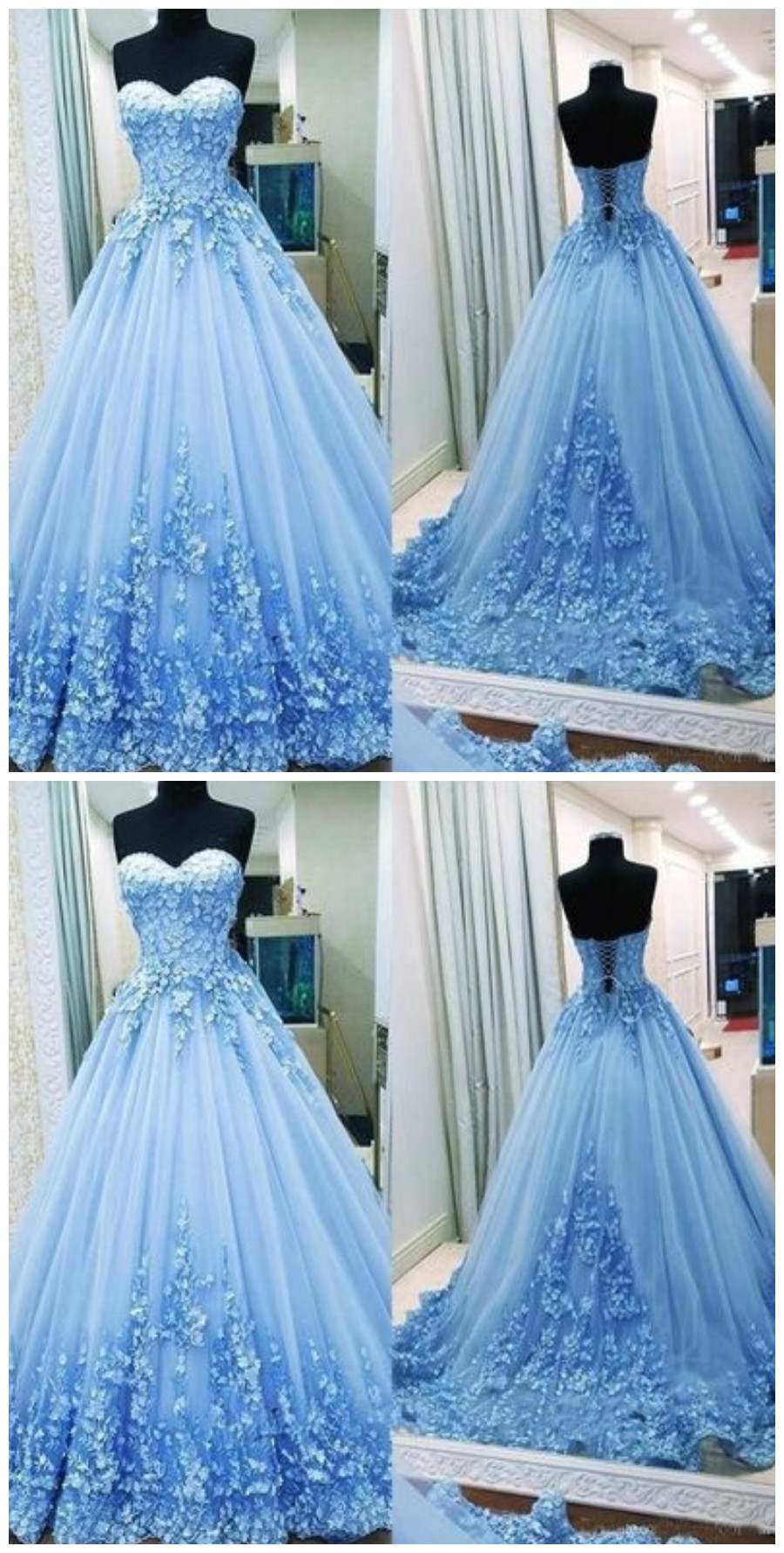 Lace Applique Prom Dresses Ball Gown Sweetheart Neckline Elegant Handmade Flowers Prom Gown Vestido De Festa De Longo