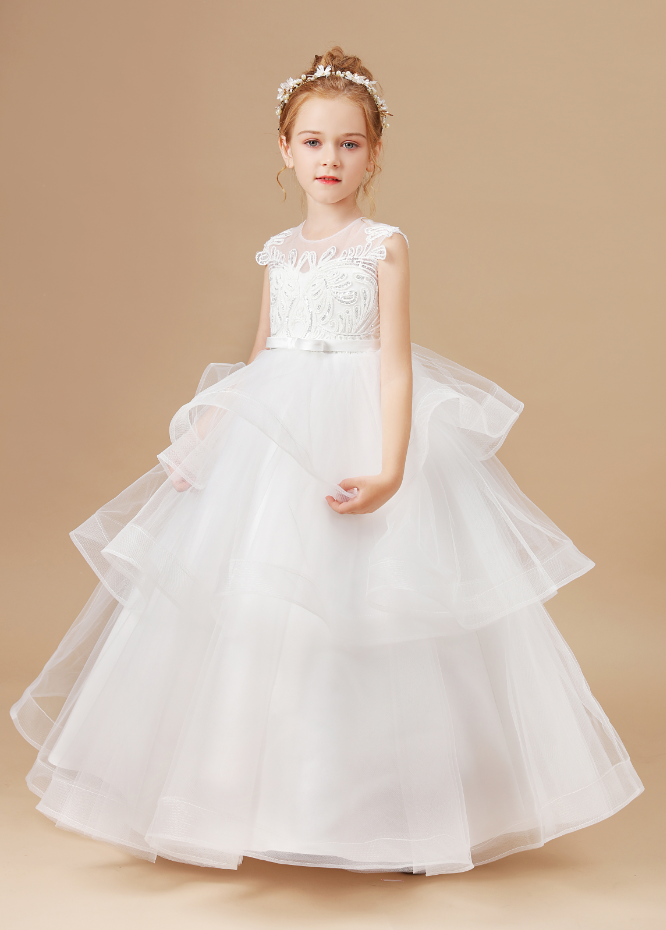 Flower Girl Dresses, Girls White Wedding Children Clothing Princess Sleeveless Dresses Baby Kids Birthday Party Clothes Appliques Tiered Dress