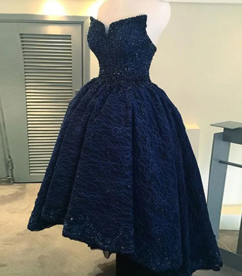 Lace Prom Dress Beading Sweetheart Asymmetrical Dark Navy Prom Dress/evening Dress