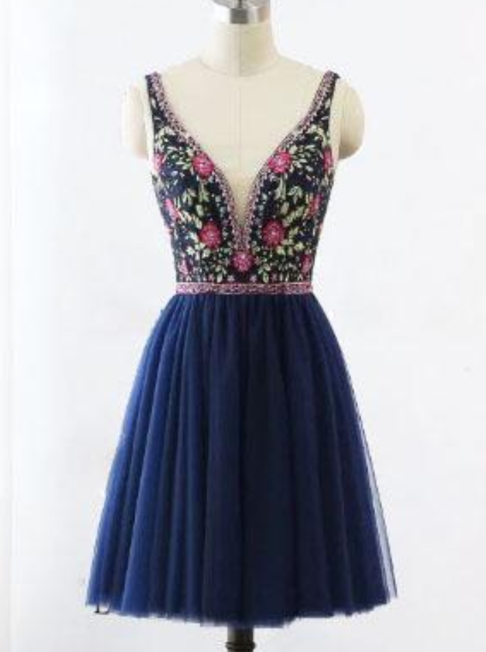 V-neck Floral Embroidery Navy Blue Short Homecoming Dress