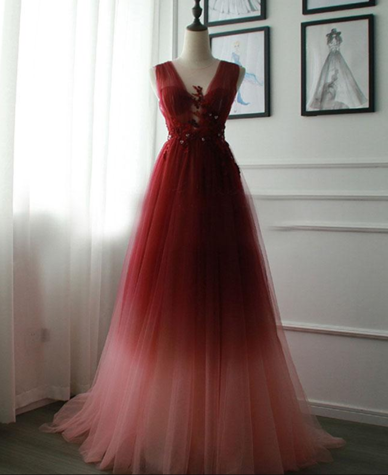V Neck Tulle Long Prom Dress Evening Dress
