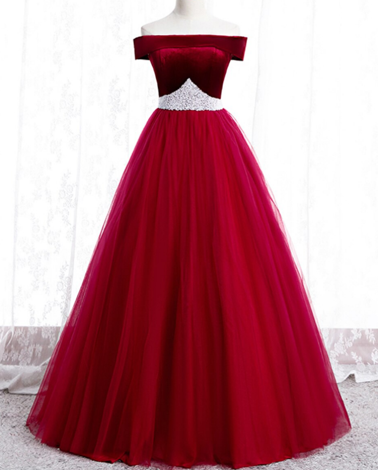 Burgundy Tulle Off The Shoulder Prom Dress With Pearls