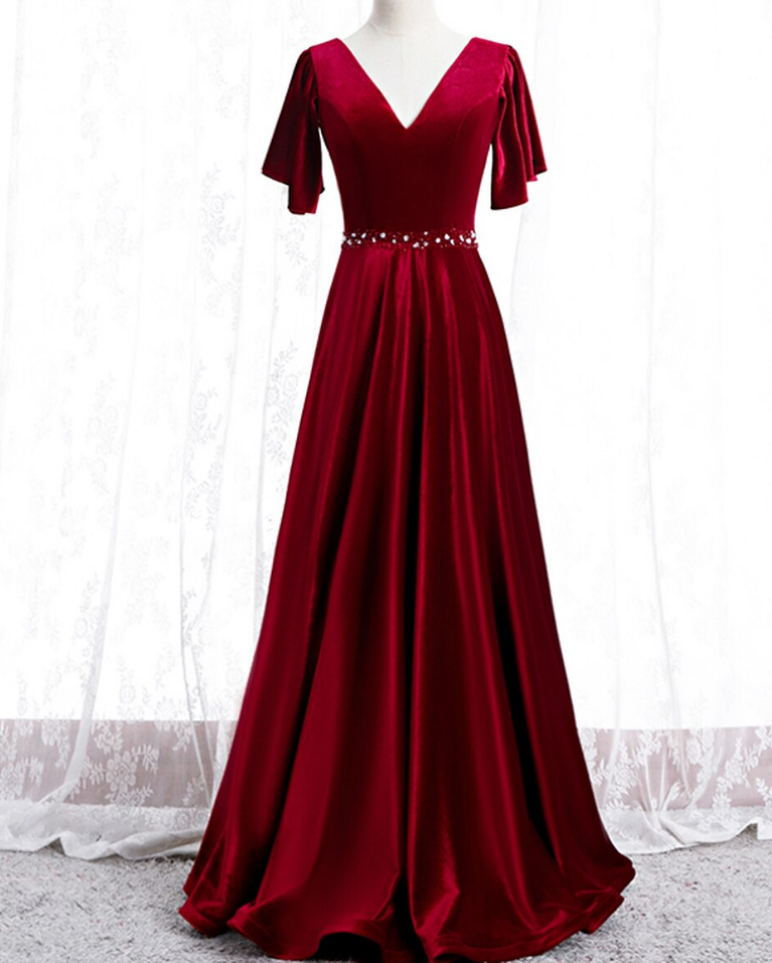 A-line Burgundy Velvet V-neck Beading Sequins Prom Dress