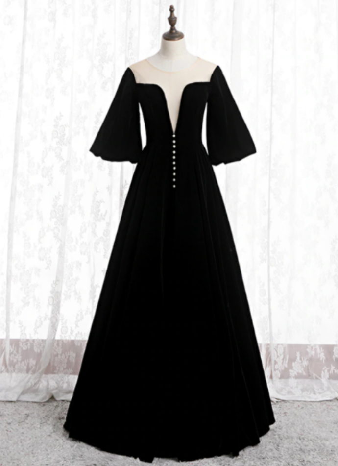 A-line Black Velvet Horn Sleeve See Through Prom Dress