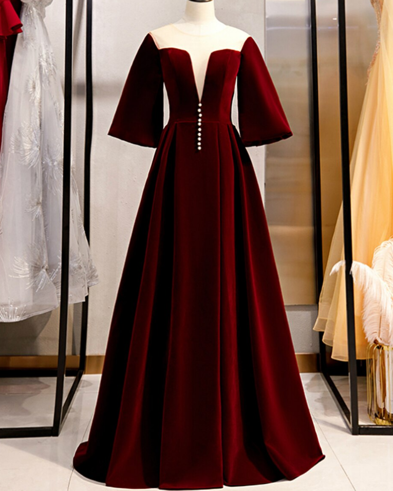 Dark Burgundy Velvet Short Sleeve See Through V-neck Prom Dress