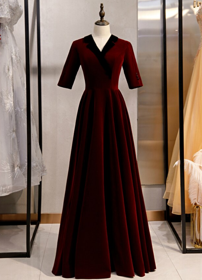 A-line Dark Burgundy Short Sleeve V-neck Prom Dress