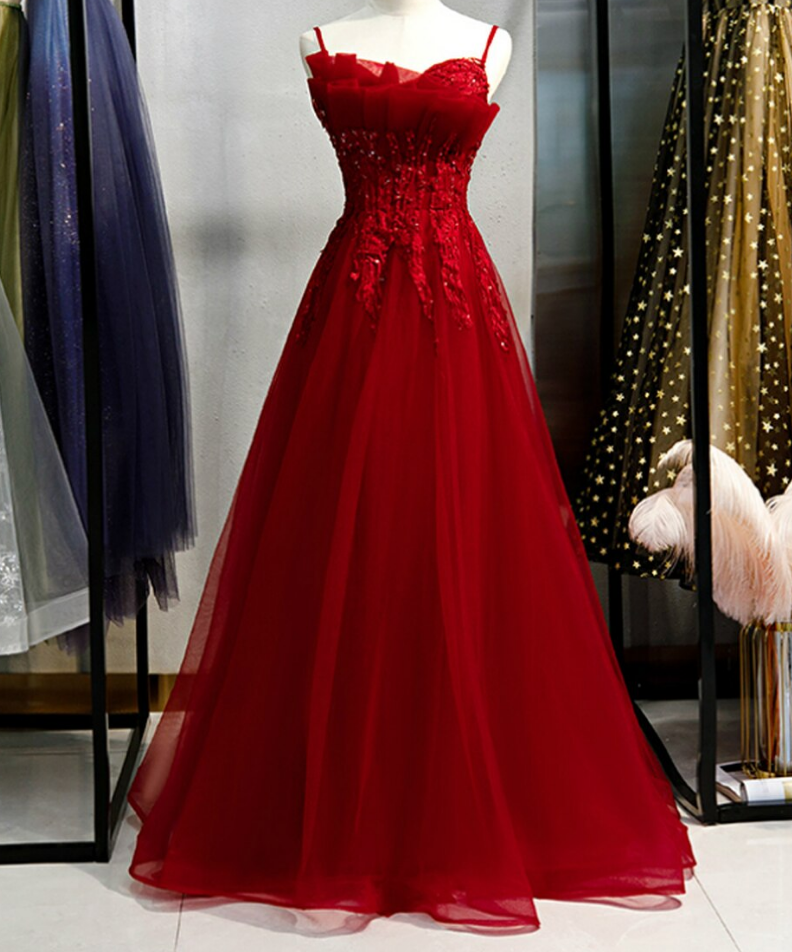 Spaghetti Straps Tulle Floor Length Long Prom Dress with Flowers, Evening Gown UQP0202