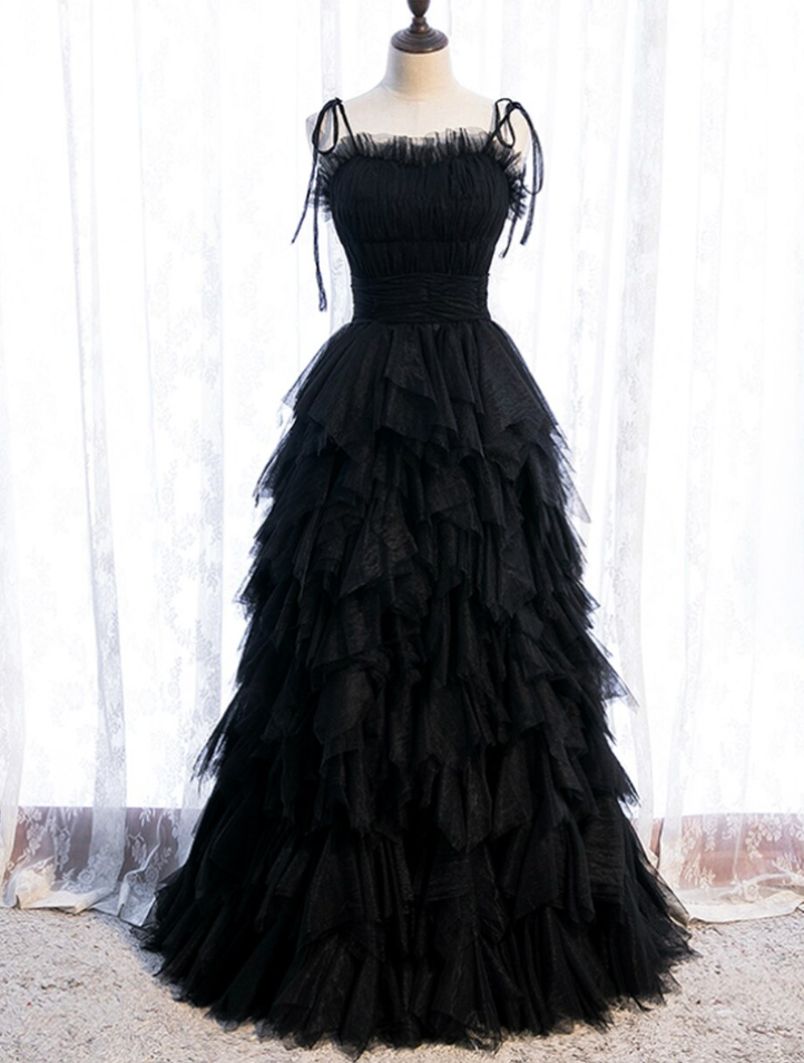Black Tulle Spagehtti Straps Pleats Tiers Prom Dress