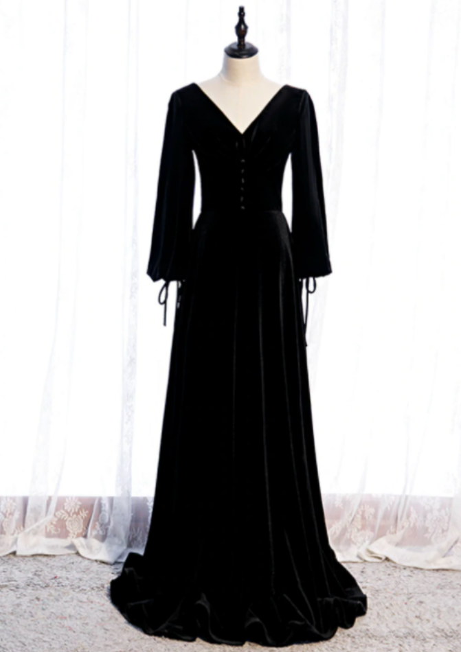 Black Velvet Long Sleeve Button Pleats Prom Dresses