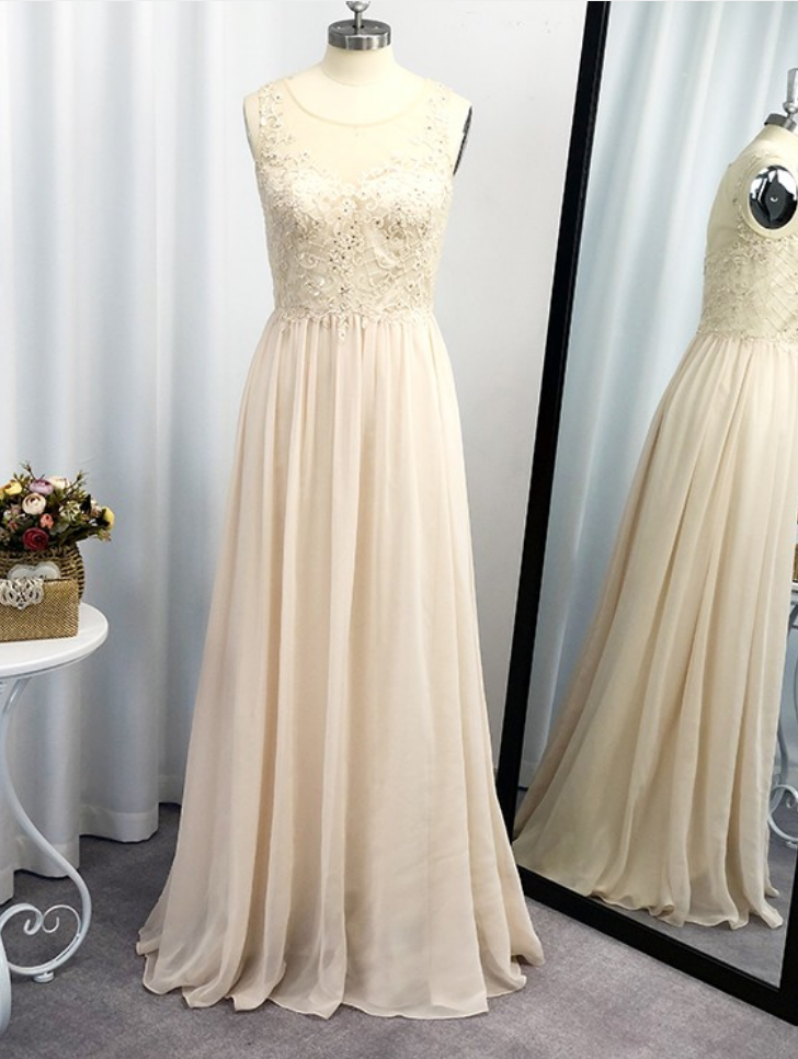 A-line/princess Scoop Applique Sleeveless Chiffon Floor-length Dresses
