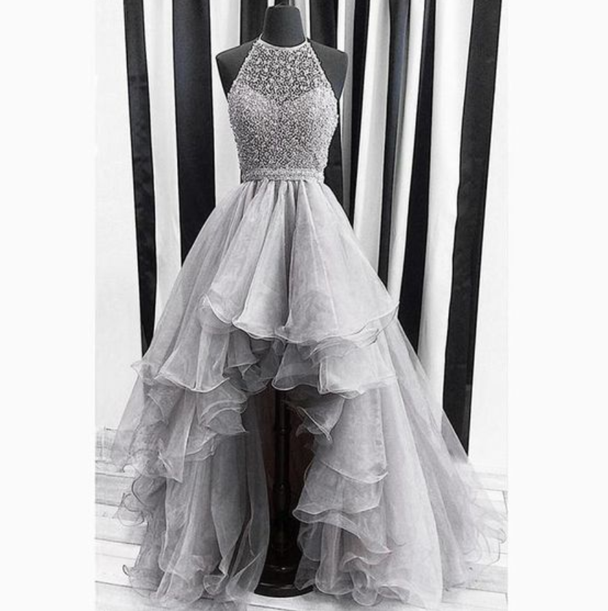 Grey High Low Prom Dress With Beading Top