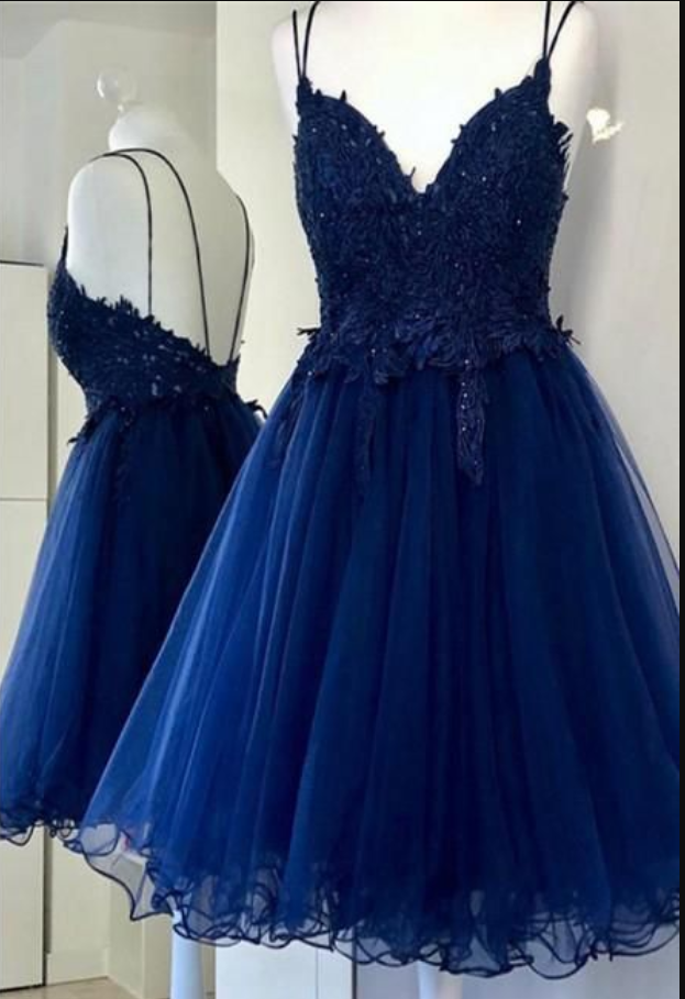 A Line Dual-strapped Royal Blue V Neck Short Homecoming Dress With Beads Appliques
