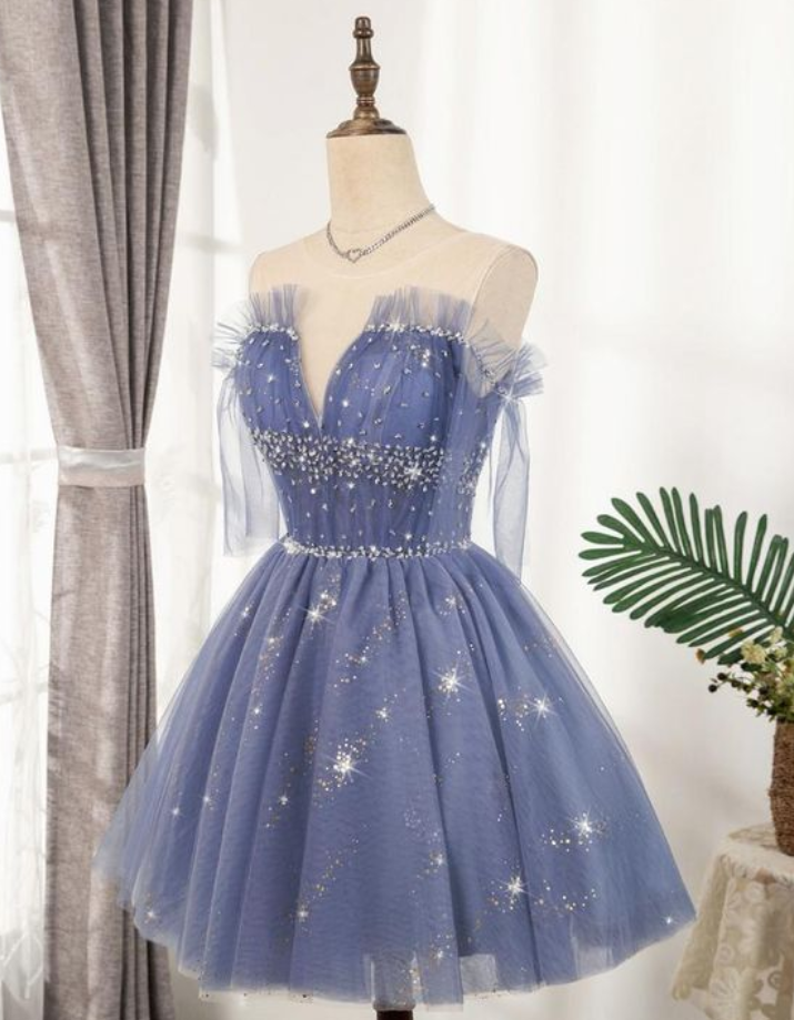 Flowy Cute A-line Blue Homecoming Dresses Short Beading
