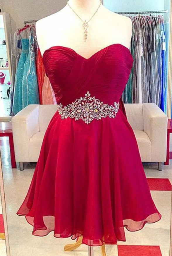 Elegant Red Sleeveless Chiffon Homecoming Dress,wrapped Chest Short Prom Dress With Beading