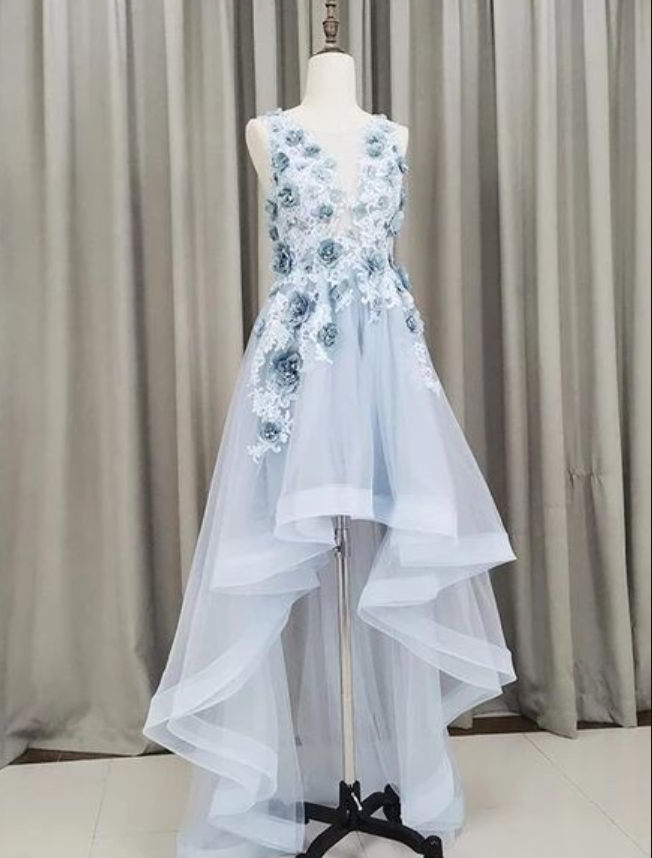 Light Blue Tulle Flowers High Low Party Dress