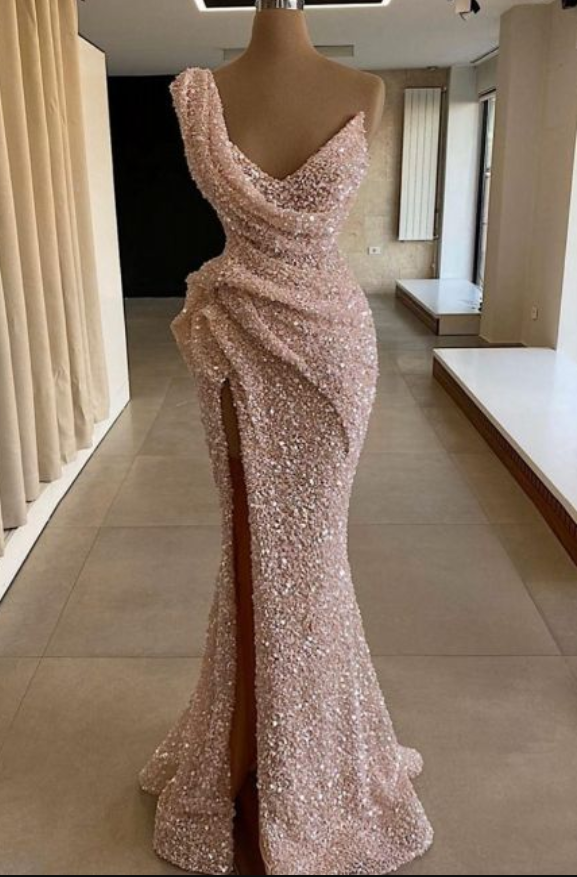 Sparkly One Shoulder Sequin Pink Prom Dresses With Side Split