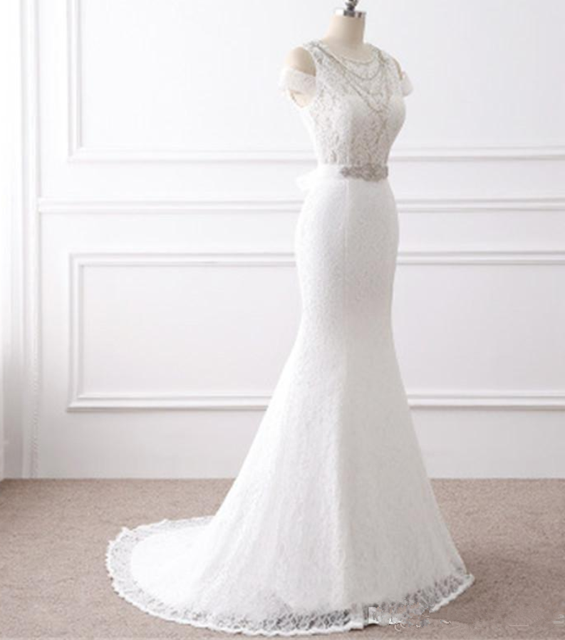Sexy Lace Crystal Mermaid Wedding Dresses With Button Bow Floor_length Bridal Gowns Vestido De Novia
