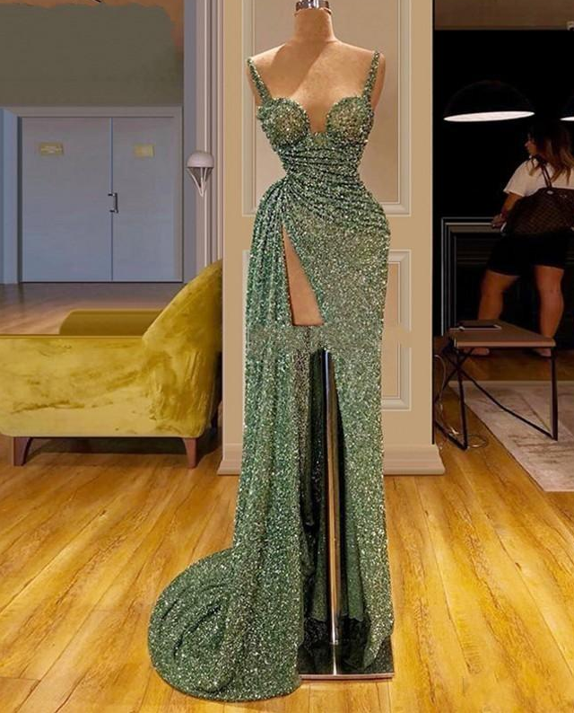 Glitter Green Sequins Mermaid Prom Dresses Sexy African Celebrity Cocktail Party Dress Turkish Islamic Front Split Evening Gowns
