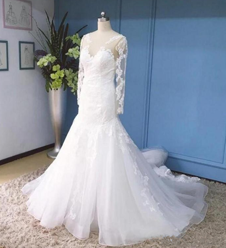 Vintage Mermaid Wedding Dresses Long Sleeves Lace Illusion Bodice Sheer Neck Chapel Train Custom Made Bridal Wedding Gowns