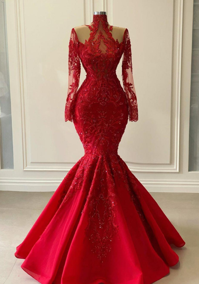 Arabic Aso Ebi Red Luxurious Lace Beaded Evening Dresses Mermaid Long Sleeves Prom Dresses Vintage Formal Party Second Reception Gowns