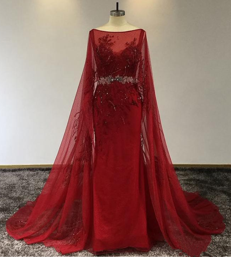 Vintage Red Lace Appliuqed Mermaid Prom Dresss Luxury Beaded Evening Gown With Shawl Long Formal Party Pageant Dresses