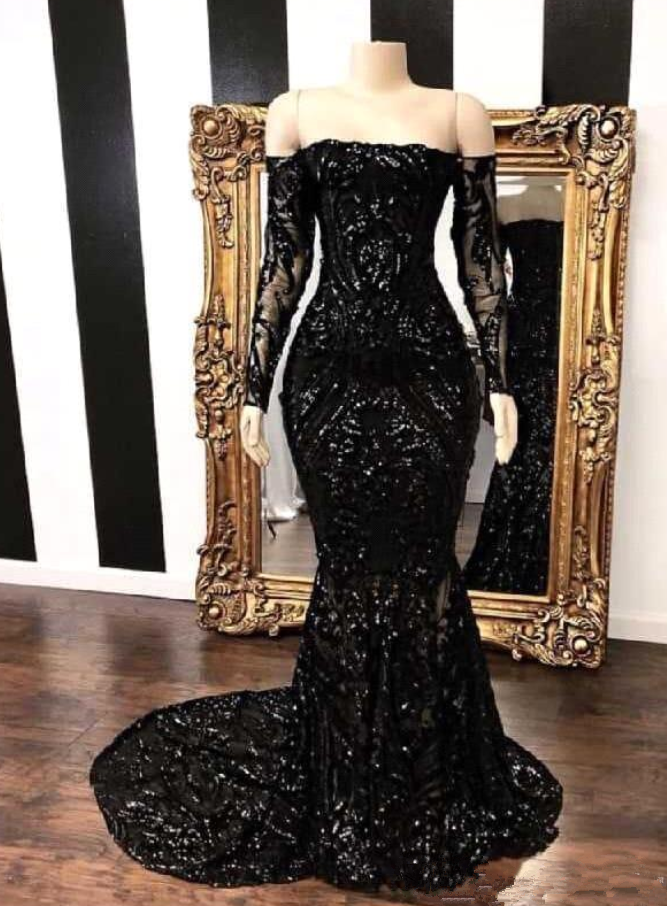 Black Shinny Sequins Mermaid Prom Dresses 2019 Sexy Black Girl Off Shoulder Long Sleeve Formal Party Gown Plus Size