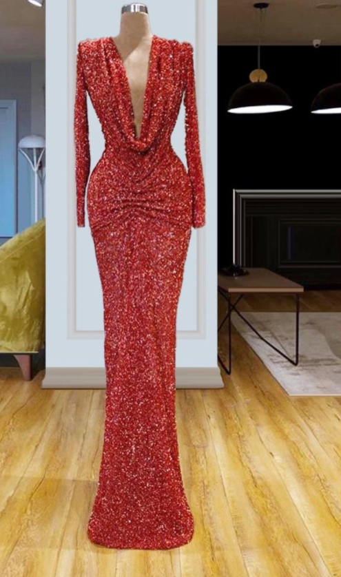 Red Reflective Sequined Mermaid Prom Dresses Deep V Neck Plus Size Sexyarabic Long Sleeves Formal Evening Pageant Gown