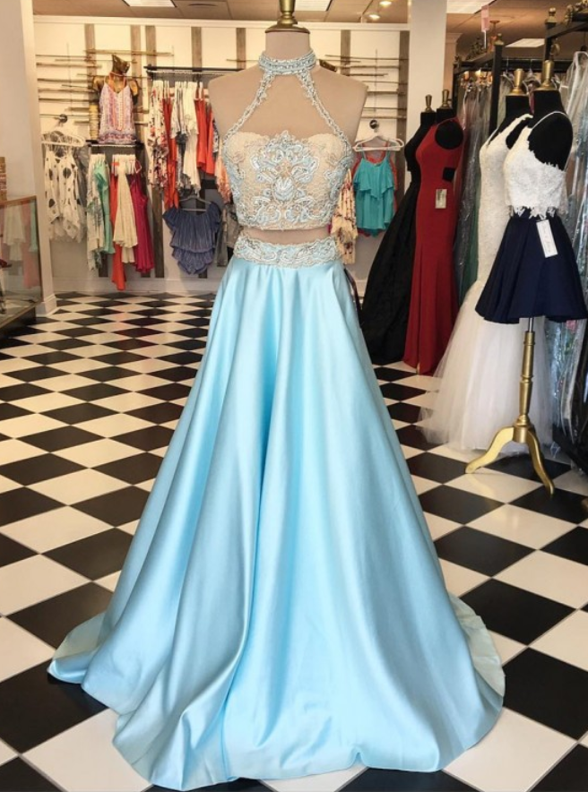 Light Blue Prom Dress, High Neck Prom Dress, A Line Prom Dress, Satin Prom Dress, Simple Prom Dress, Elegant Prom Dress, Prom Dress, 2017