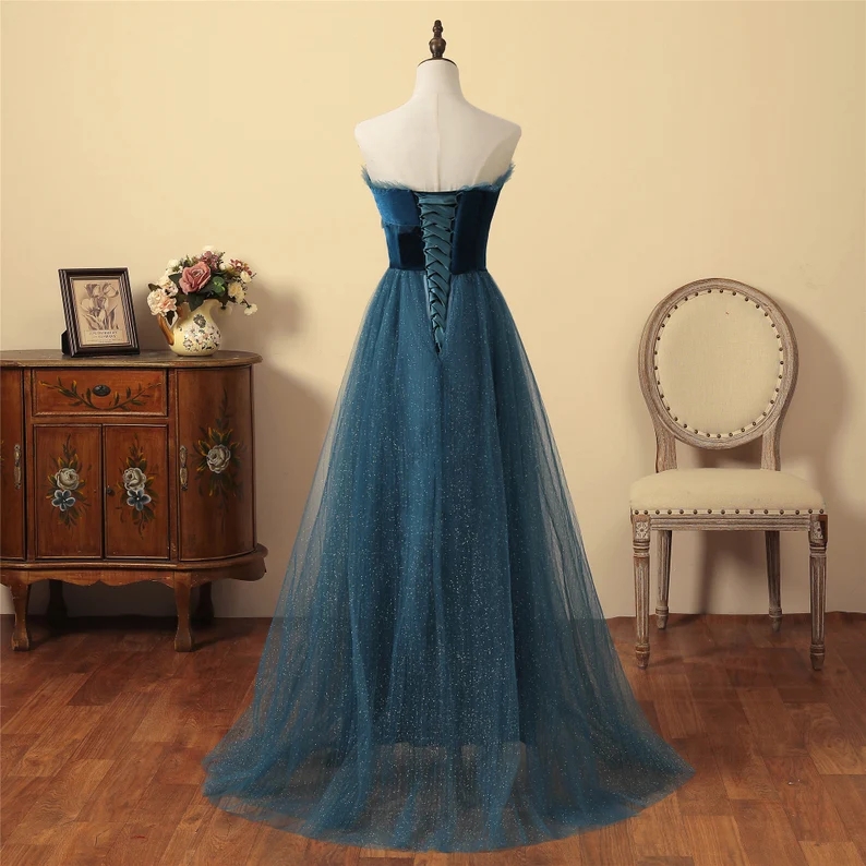 peacock blue wedding dress A-Line Puff Sleeves Satin Peacock Blue Long Prom Dress, Peacock Blue L –  dresstby