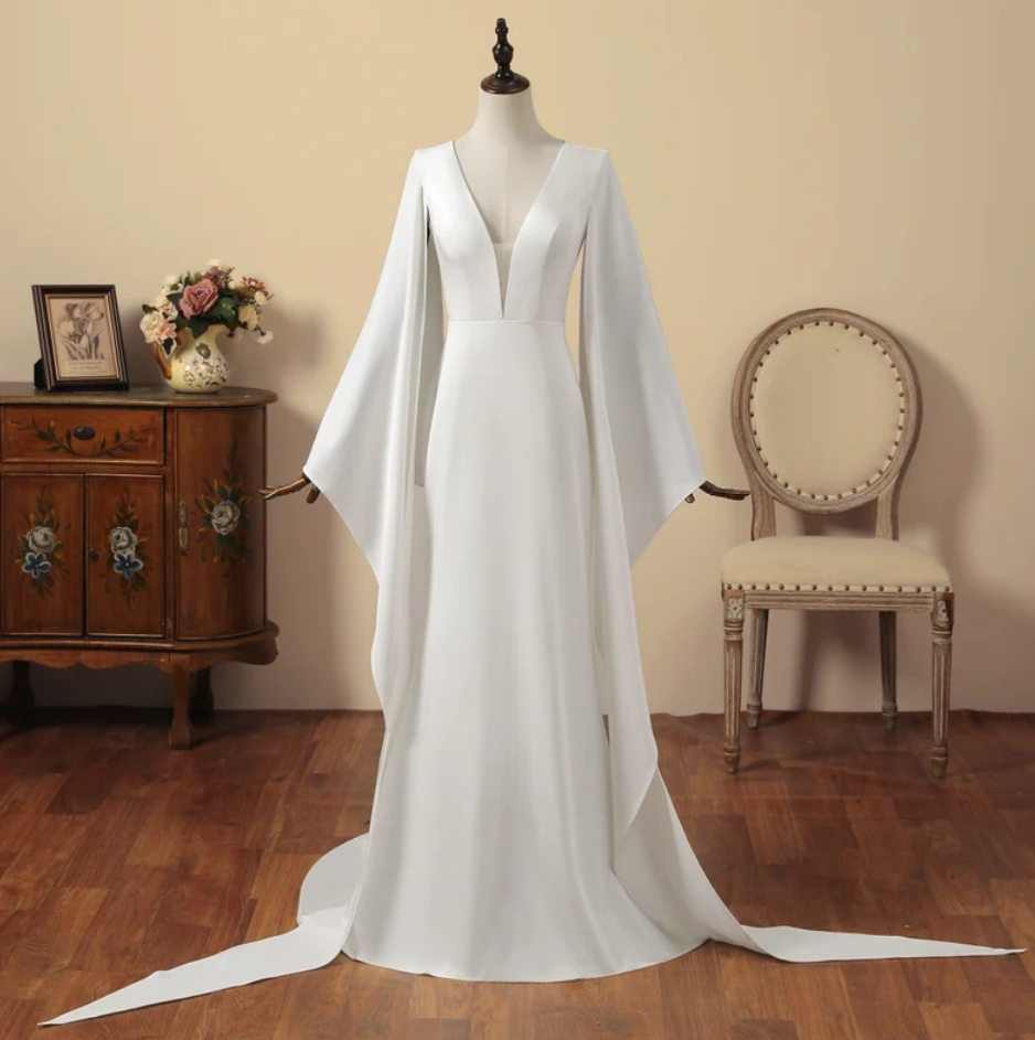 Prom Dresses,selegant Memaid Prom Dress Long Deep V-neck Wedding Dress Evening Gown Italian Satin Formal Occation Dress Long Sleeves Bridal Dress